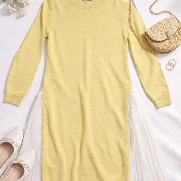 [BUNJANG] Yellow Knit Pleated Long Dress / 옐로우 니트 플리츠 롱 원피스
