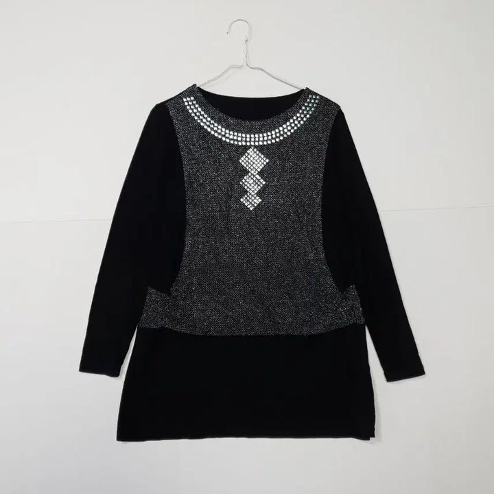 [BUNJANG] Black Cubic Embellished Long Sleeve Tunic Dress / 블랙 큐빅 장식 긴팔 튜닉 원피스 치마ㅡ0099