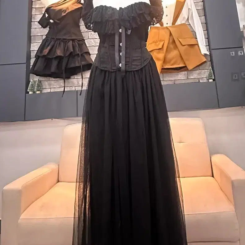 [BUNJANG] Black Corset Long Dress Set / 블랙 코르셋 롱 드레스 세트