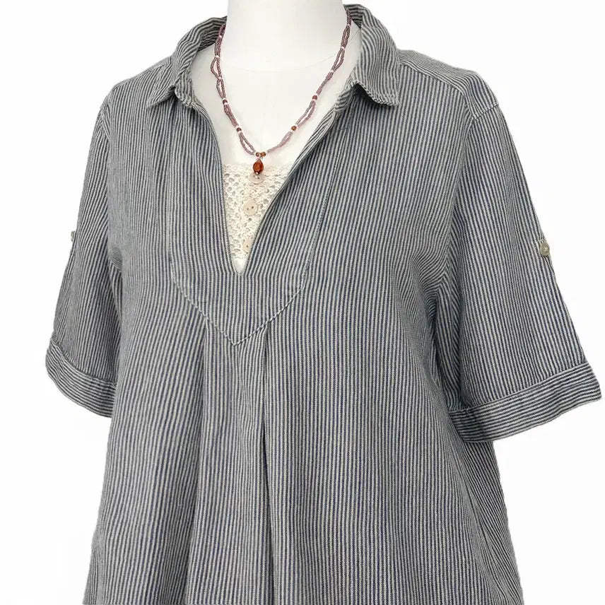[BUNJANG] Vintage Japanese Open Collar Vertical Stripe Shirt / 일본빈티지모리걸 오픈카라히코리세로단가라스트라이프반팔셔츠 하구미룩갸루y2k