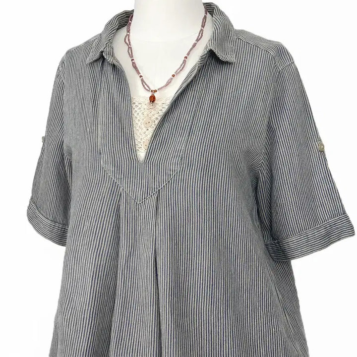 [BUNJANG] Vintage Japanese Open Collar Vertical Stripe Shirt / 일본빈티지모리걸 오픈카라히코리세로단가라스트라이프반팔셔츠 하구미룩갸루y2k