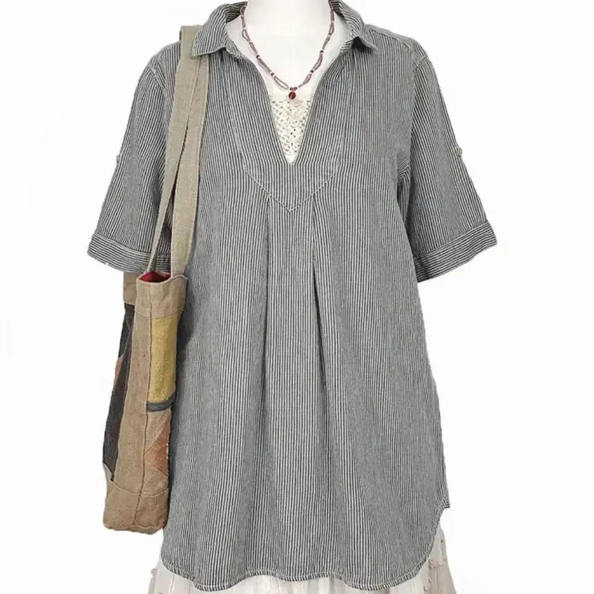 [BUNJANG] Vintage Japanese Open Collar Vertical Stripe Shirt / 일본빈티지모리걸 오픈카라히코리세로단가라스트라이프반팔셔츠 하구미룩갸루y2k