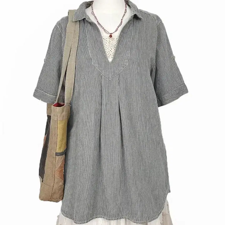 [BUNJANG] Vintage Japanese Open Collar Vertical Stripe Shirt / 일본빈티지모리걸 오픈카라히코리세로단가라스트라이프반팔셔츠 하구미룩갸루y2k