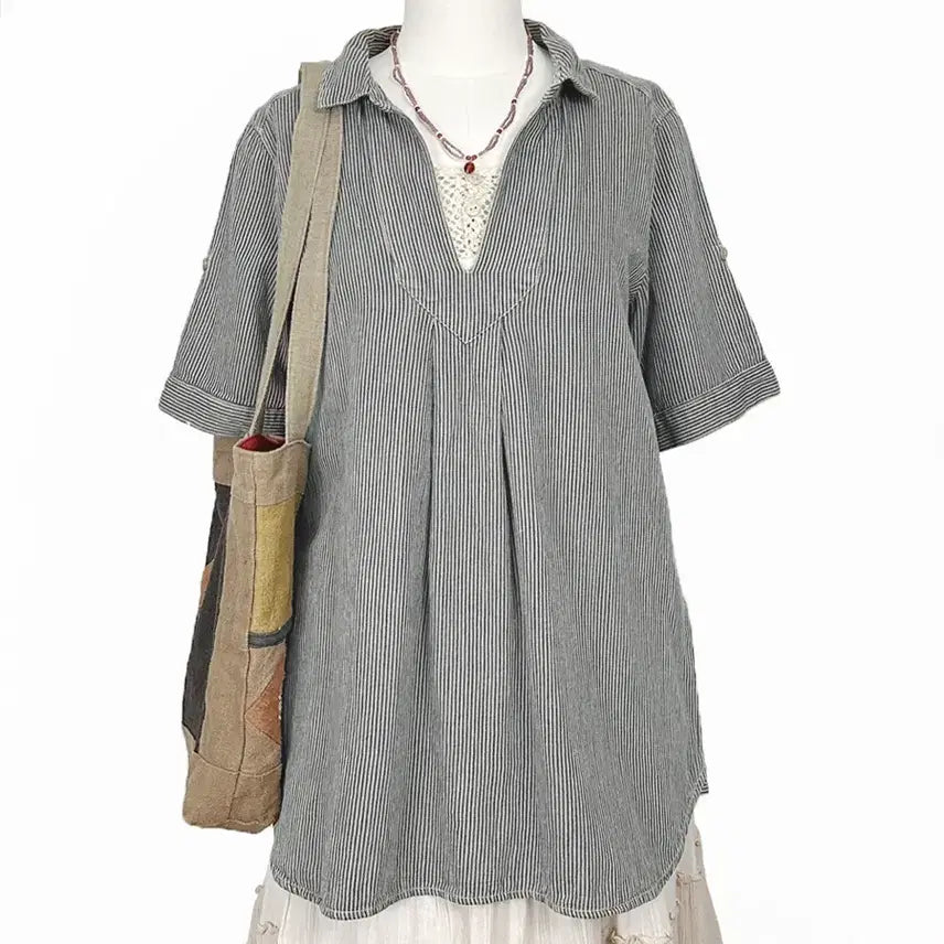 [BUNJANG] Vintage Japanese Open Collar Vertical Stripe Shirt / 일본빈티지모리걸 오픈카라히코리세로단가라스트라이프반팔셔츠 하구미룩갸루y2k