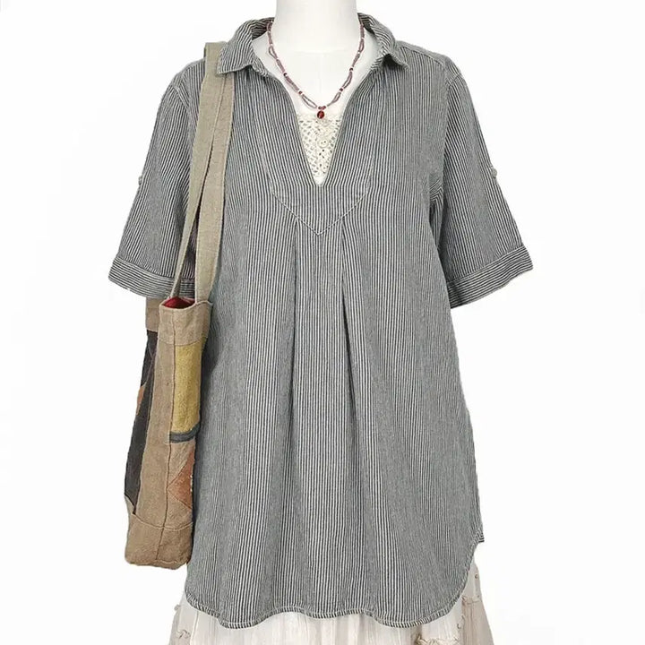 [BUNJANG] Vintage Japanese Open Collar Vertical Stripe Shirt / 일본빈티지모리걸 오픈카라히코리세로단가라스트라이프반팔셔츠 하구미룩갸루y2k