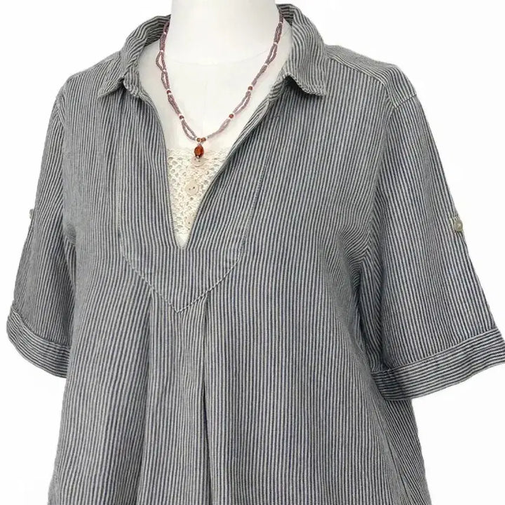 [BUNJANG] Vintage Japanese Open Collar Vertical Stripe Shirt / 일본빈티지모리걸 오픈카라히코리세로단가라스트라이프반팔셔츠 하구미룩갸루y2k