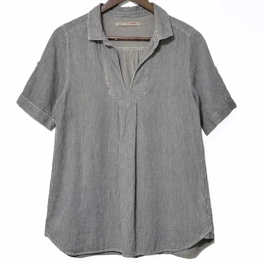 [BUNJANG] Vintage Japanese Open Collar Vertical Stripe Shirt / 일본빈티지모리걸 오픈카라히코리세로단가라스트라이프반팔셔츠 하구미룩갸루y2k