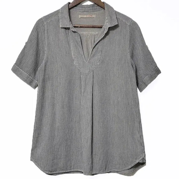 [BUNJANG] Vintage Japanese Open Collar Vertical Stripe Shirt / 일본빈티지모리걸 오픈카라히코리세로단가라스트라이프반팔셔츠 하구미룩갸루y2k
