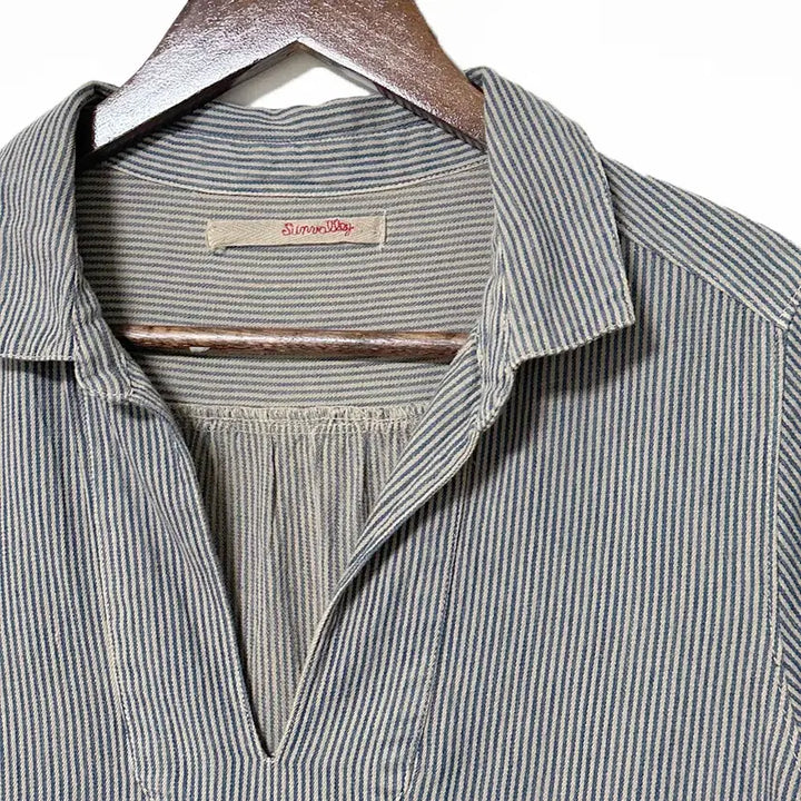 [BUNJANG] Vintage Japanese Open Collar Vertical Stripe Shirt / 일본빈티지모리걸 오픈카라히코리세로단가라스트라이프반팔셔츠 하구미룩갸루y2k