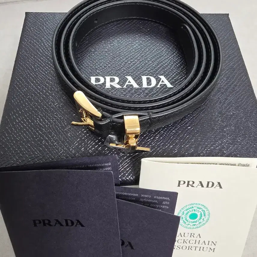 [BUNJANG] Prada Saffiano Leather Belt with Gold Buckle / 프라다 블랙 사피아노 벨트 금장 버클