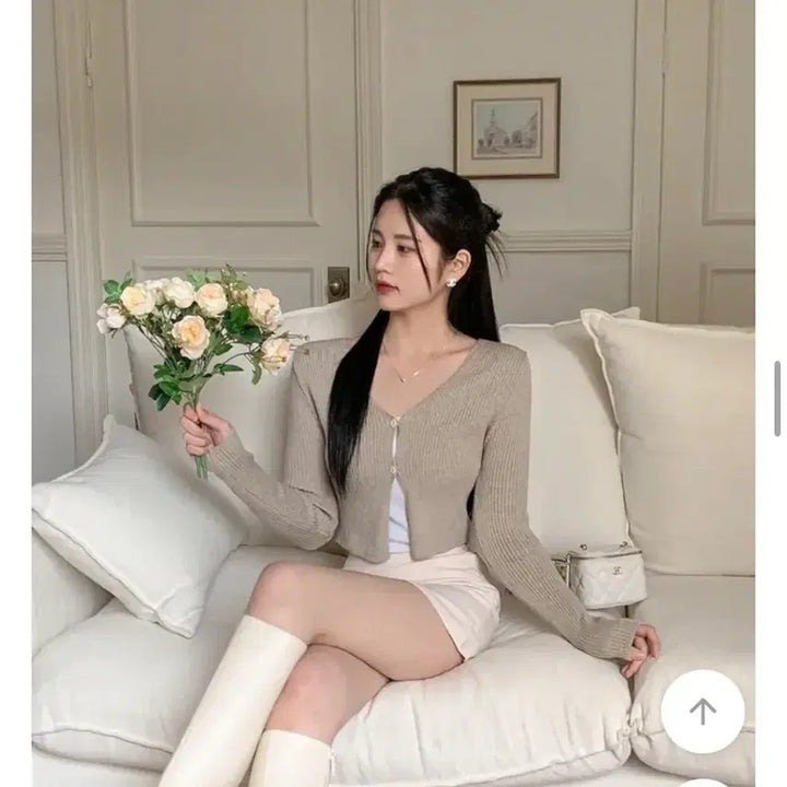 [BUNJANG] Lovelyhip V-Neck Two-Button Ribbed Crop Cardigan Knit Beige / 새상품) 에이블리 러블리힙 브이넥 투버튼 골지 크롭 가디건 니트 베이지