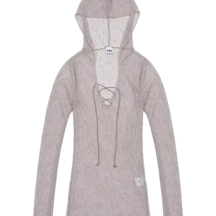 [BUNJANG] nonerd Beige Net Hoodie Long Sleeve / 노너드 nonerd 네트 후드티 베이지 비치웨어 시스루 그물니트 롱슬리브