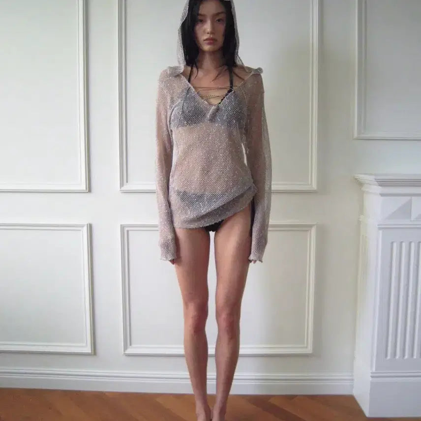 [BUNJANG] nonerd Beige Net Hoodie Long Sleeve / 노너드 nonerd 네트 후드티 베이지 비치웨어 시스루 그물니트 롱슬리브