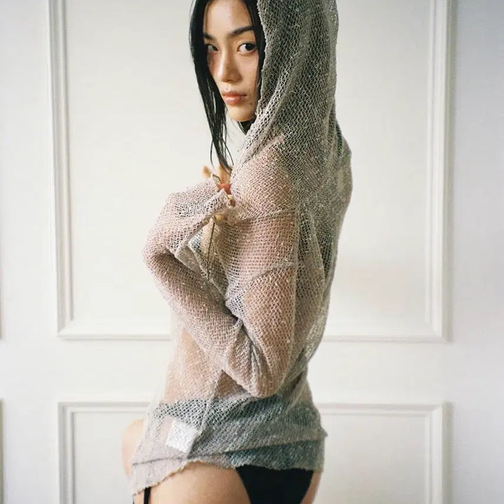[BUNJANG] nonerd Beige Net Hoodie Long Sleeve / 노너드 nonerd 네트 후드티 베이지 비치웨어 시스루 그물니트 롱슬리브