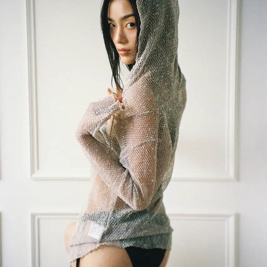 [BUNJANG] nonerd Beige Net Hoodie Long Sleeve / 노너드 nonerd 네트 후드티 베이지 비치웨어 시스루 그물니트 롱슬리브