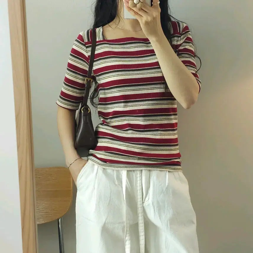 [BUNJANG] Grove Square Neck Striped Short Sleeve T-shirt / (M)일본 grove 여성 스퀘어넥 반팔 티셔츠 스트라이프 L2W2878