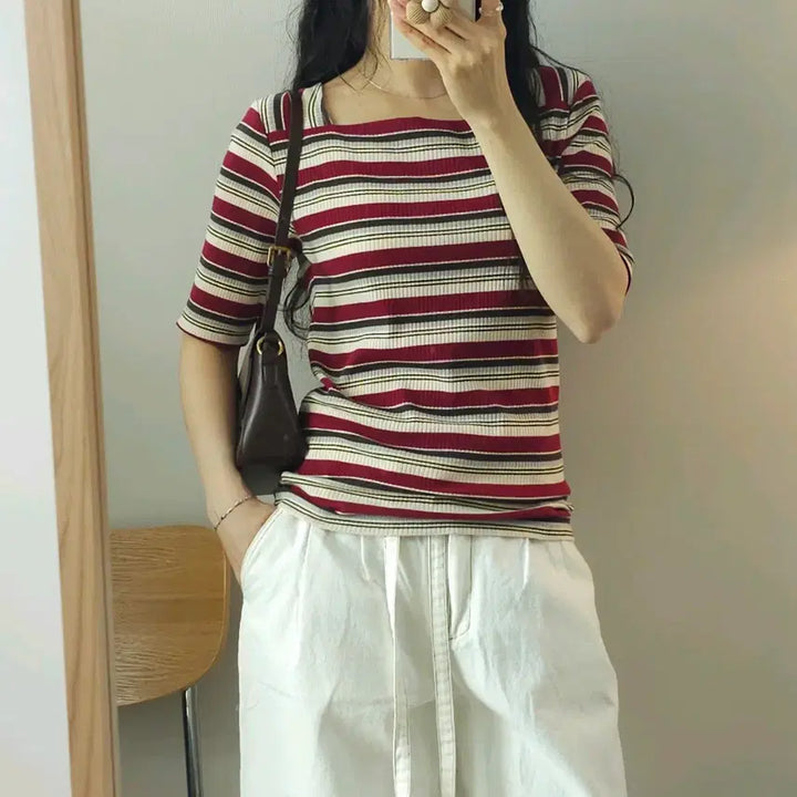 [BUNJANG] Grove Square Neck Striped Short Sleeve T-shirt / (M)일본 grove 여성 스퀘어넥 반팔 티셔츠 스트라이프 L2W2878