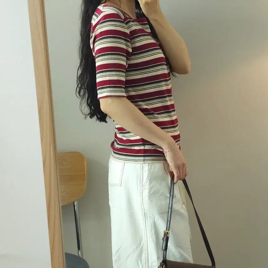 [BUNJANG] Grove Square Neck Striped Short Sleeve T-shirt / (M)일본 grove 여성 스퀘어넥 반팔 티셔츠 스트라이프 L2W2878