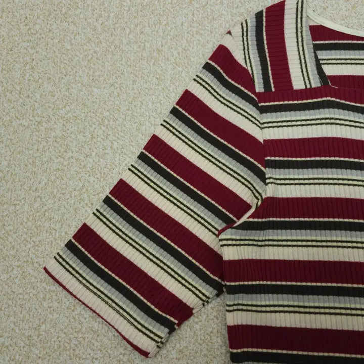 [BUNJANG] Grove Square Neck Striped Short Sleeve T-shirt / (M)일본 grove 여성 스퀘어넥 반팔 티셔츠 스트라이프 L2W2878