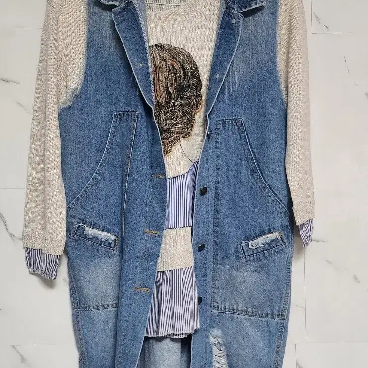 [BUNJANG] Denim Long Vest and Shirt Set (Free Size) / 새상품  데님 롱 조끼와 셔츠 셋트  프리사이즈