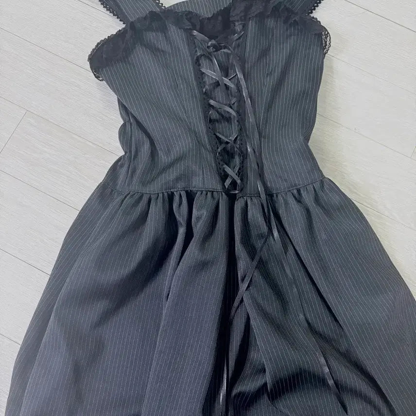 [BUNJANG] Goth Stripe Lace Detail Dress / ((택포)빈티지 고스 스트라이프 레이스 디테일 goth 고딕풍 원피스 블