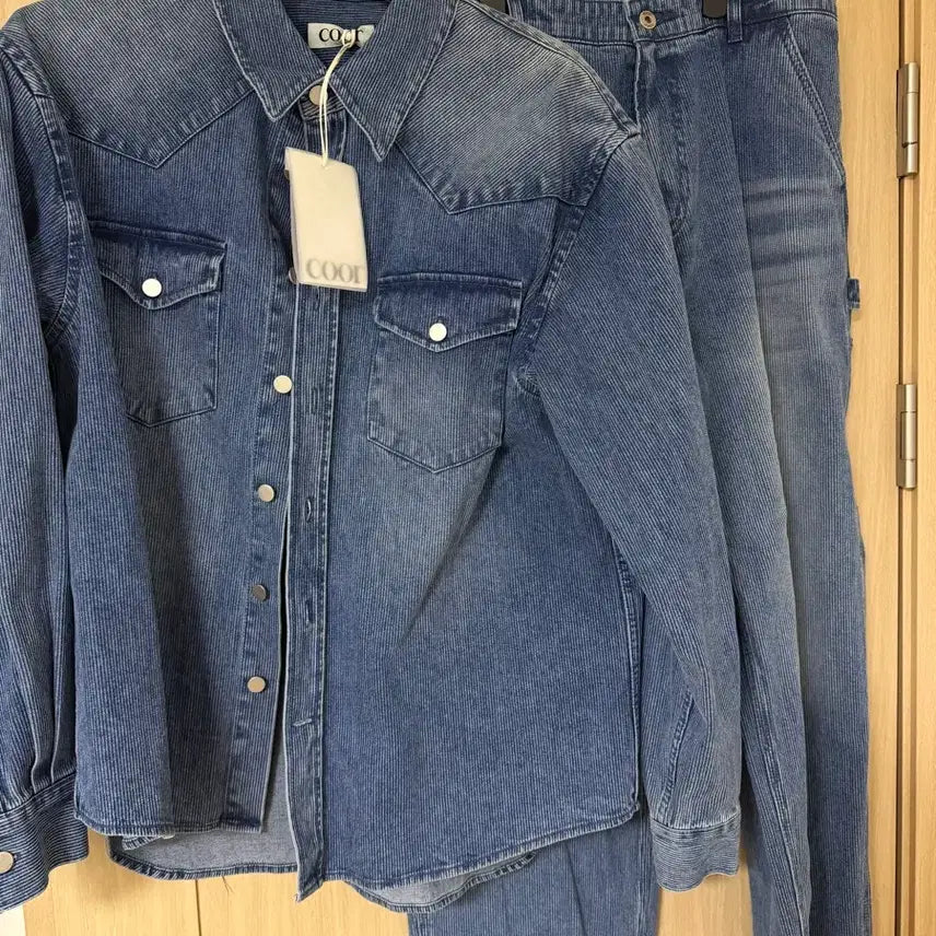 [BUNJANG] Coour Stripe Denim Shirt Pants Setup / 쿠어 스트라이프 데님 셔츠 팬츠 셋업 XL , L