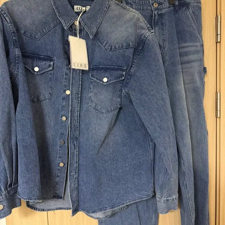 [BUNJANG] Coour Stripe Denim Shirt Pants Setup / 쿠어 스트라이프 데님 셔츠 팬츠 셋업 XL , L
