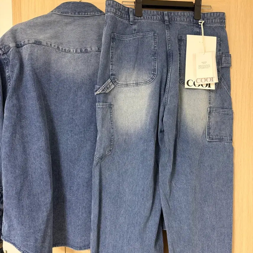 [BUNJANG] Coour Stripe Denim Shirt Pants Setup / 쿠어 스트라이프 데님 셔츠 팬츠 셋업 XL , L