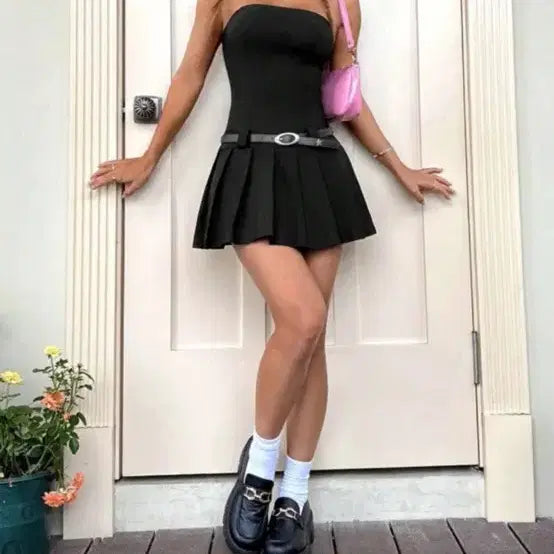 [BUNJANG] Black Pleated Mini Dress / 블랙 튜브탑 플리츠 미니원피스