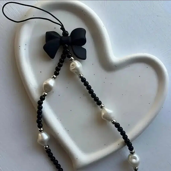 [BUNJANG] Black Ribbon Pearl Phone Strap Keychain / 블랙 리본 진주 핸드폰 스트랩 키링(새상품)