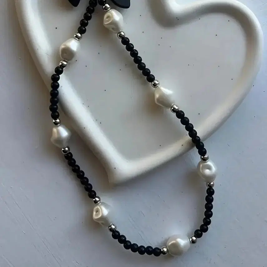 [BUNJANG] Black Ribbon Pearl Phone Strap Keychain / 블랙 리본 진주 핸드폰 스트랩 키링(새상품)