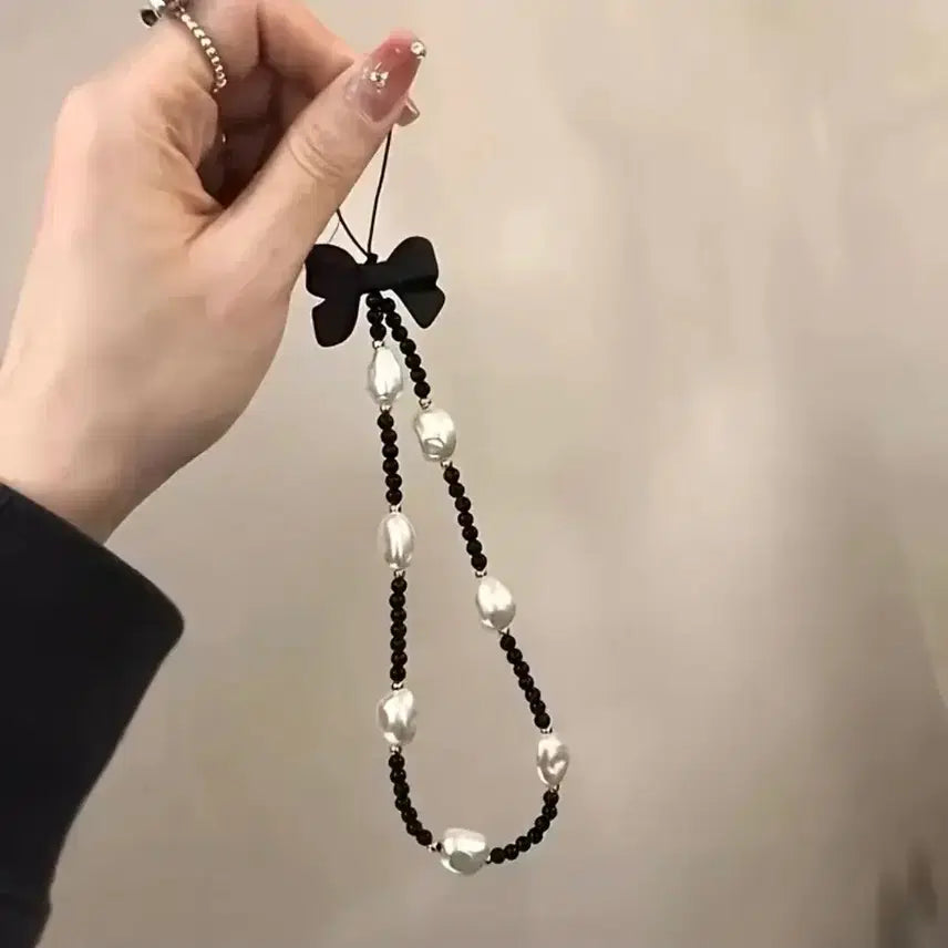 [BUNJANG] Black Ribbon Pearl Phone Strap Keychain / 블랙 리본 진주 핸드폰 스트랩 키링(새상품)