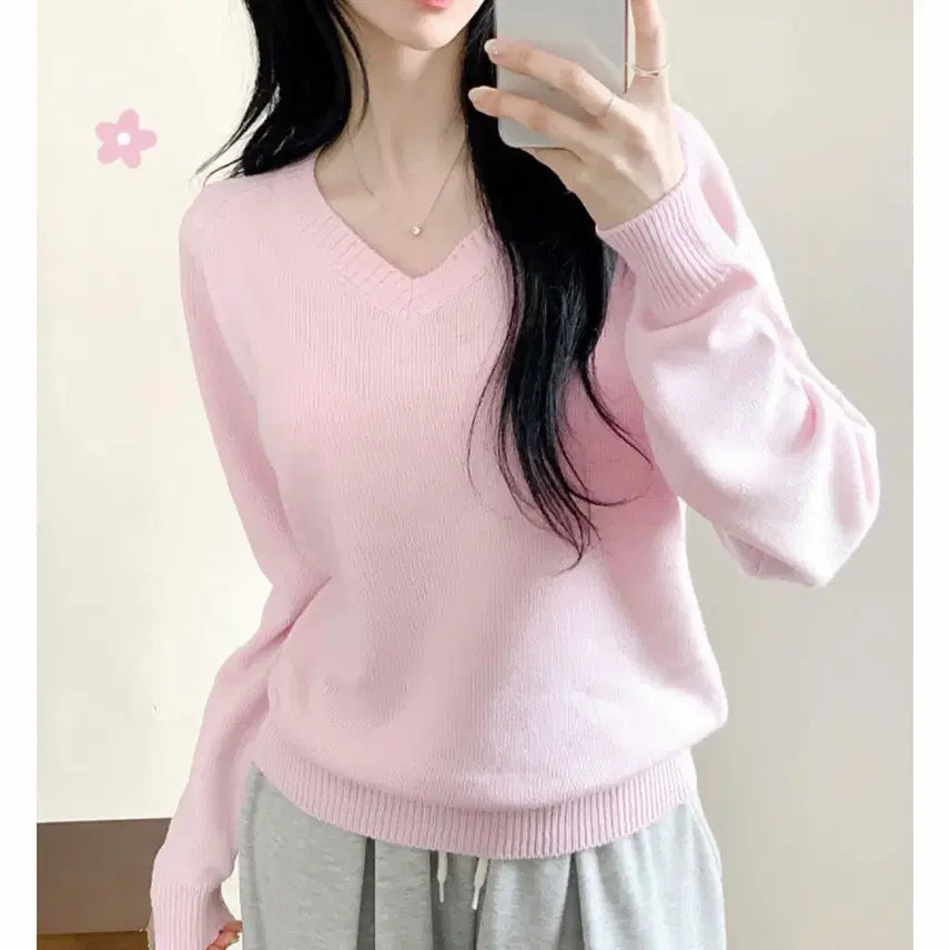 [BUNJANG] V-Neck Loose Fit Long Sleeve Knit / 브이넥 루즈핏 긴팔 니트 새상품