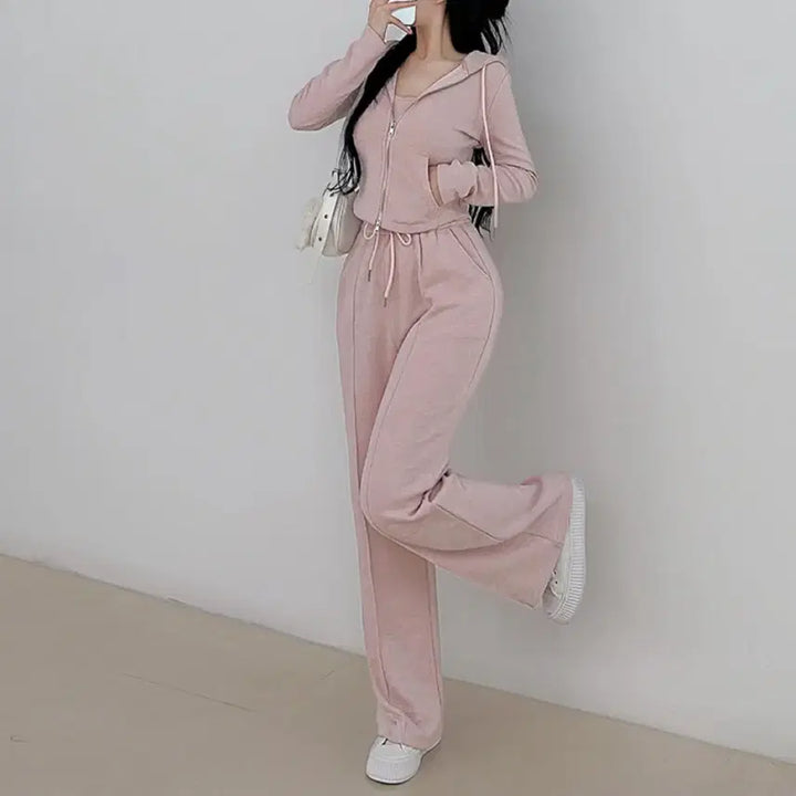 [BUNJANG] Pink Hoodie Zip-up Pants Set / 나시 후드집업 팬츠 세트