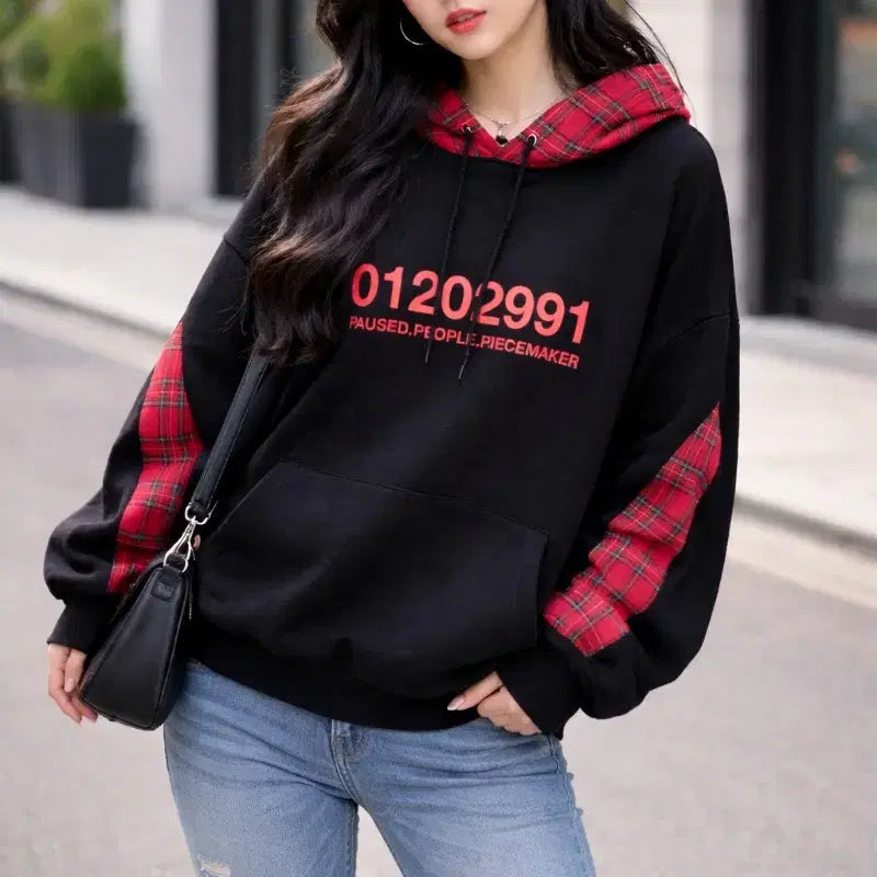 [BUNJANG] 105~110/남녀공용/88~99/체크 배색 오버핏 약기모 후드티 / 105~110/남녀공용/88~99/체크 배색 오버핏 약기모 후드티