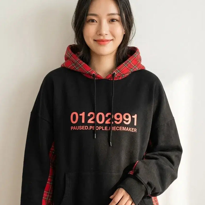 [BUNJANG] 105~110/남녀공용/88~99/체크 배색 오버핏 약기모 후드티 / 105~110/남녀공용/88~99/체크 배색 오버핏 약기모 후드티