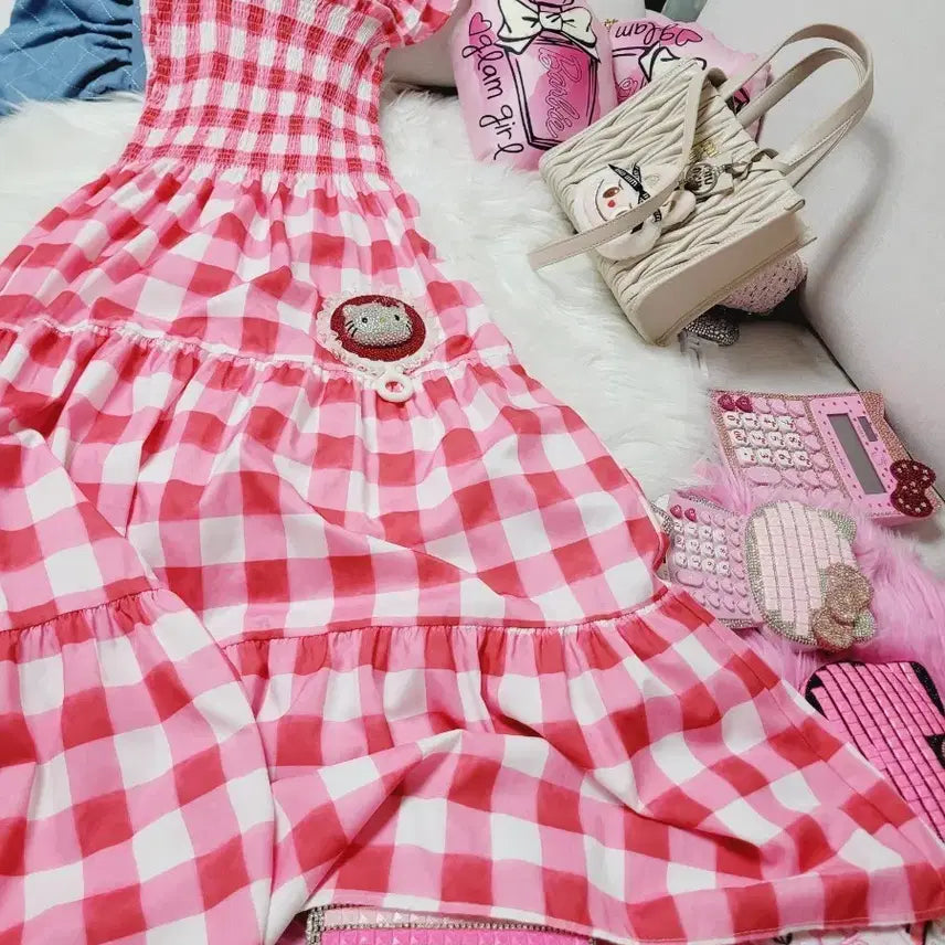 [BUNJANG] Pink Checkered Ruffle Long Dress / 핑크 체크 캉캉 롱 원피스