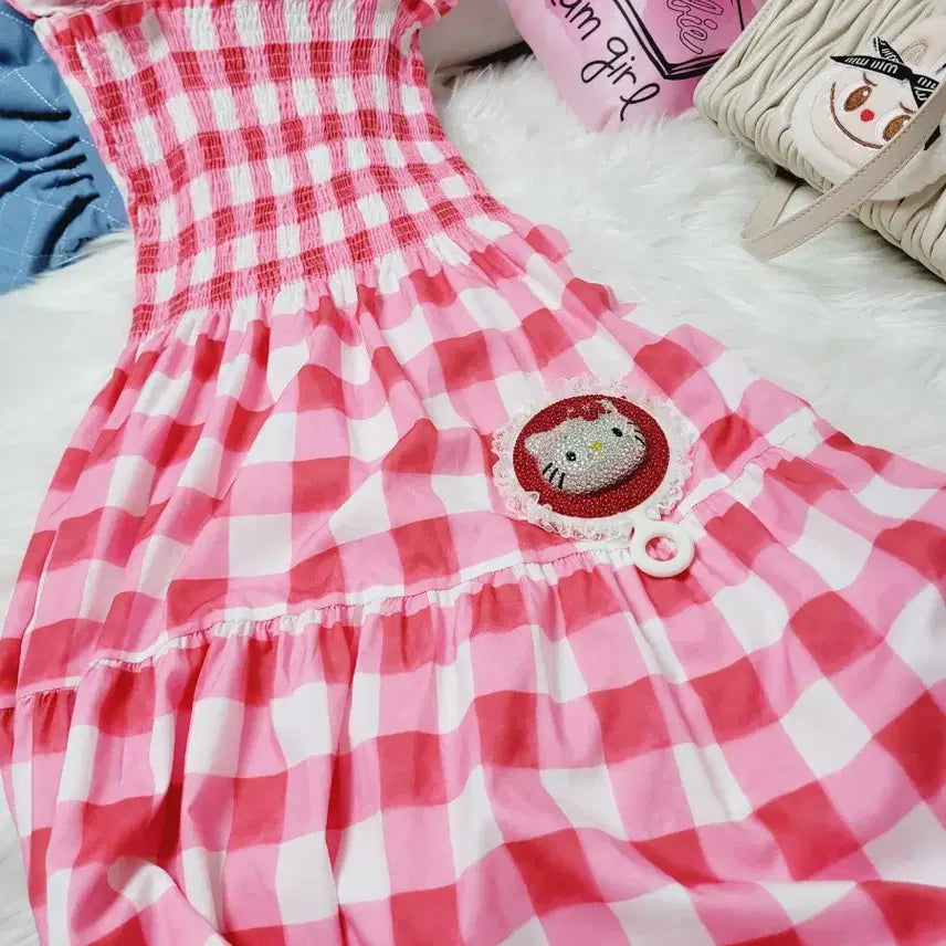 [BUNJANG] Pink Checkered Ruffle Long Dress / 핑크 체크 캉캉 롱 원피스