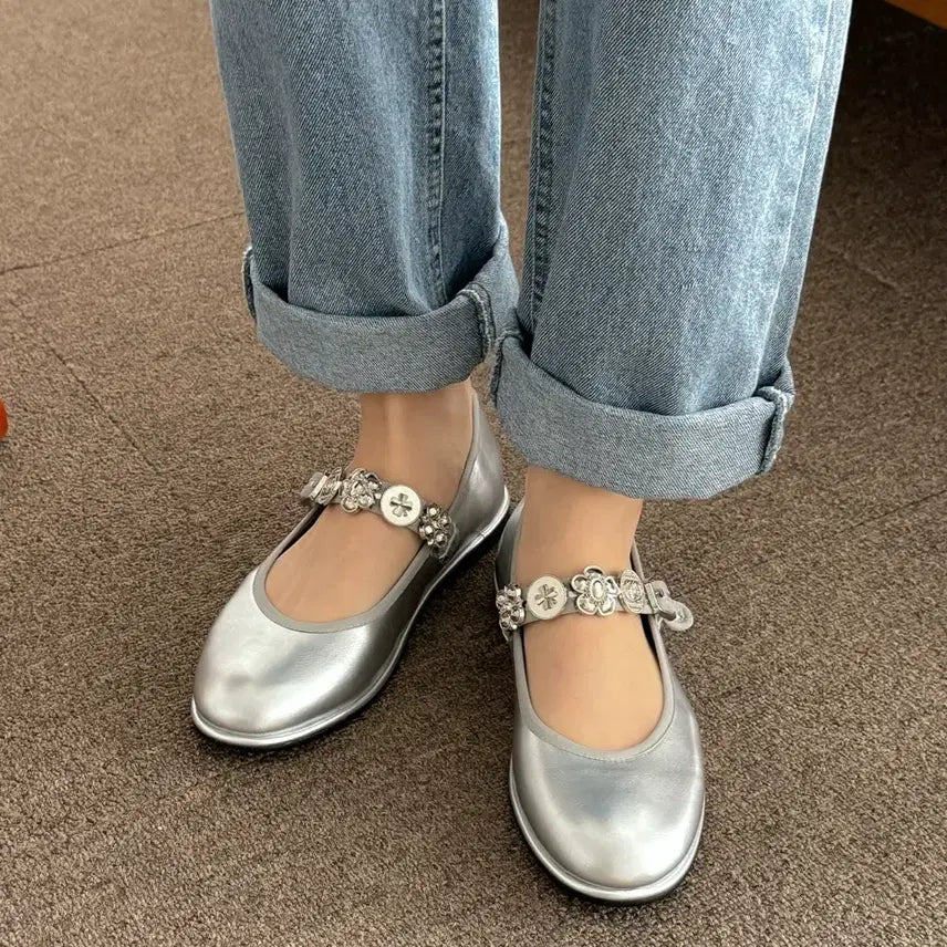 [BUNJANG] Silver Embellished Strap Flat Shoes / (30,35,40,55))실버 장식 스트랩 플랫슈즈 5025