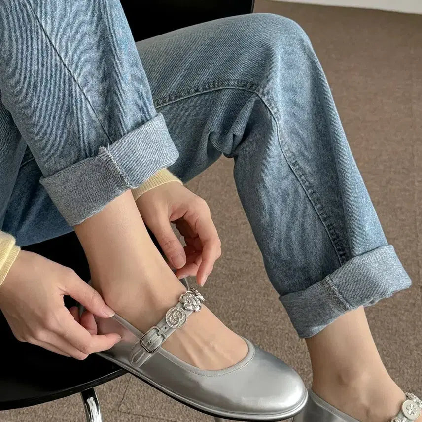 [BUNJANG] Silver Embellished Strap Flat Shoes / (30,35,40,55))실버 장식 스트랩 플랫슈즈 5025
