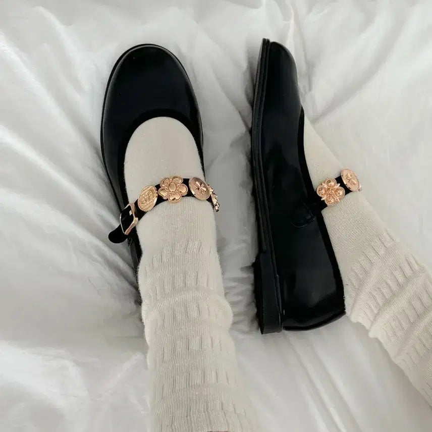 [BUNJANG] Black Embellished Strap Flat Shoes 5025 / (25,35,40,45,50,55)블랙 장식 스트랩 플랫슈즈 5025