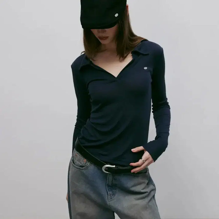 [BUNJANG] Kitty Pottery Sheer Slim Collar T-shirt Navy / [새상품] 키티포터리 쉬어 슬림 카라티 네이비