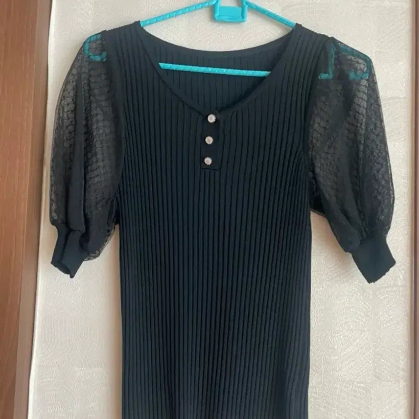 [BUNJANG] Black See-Through Puff Short Sleeve Knit T-Shirt S / 블랙 시스루 퍼프 니트 반팔티 S