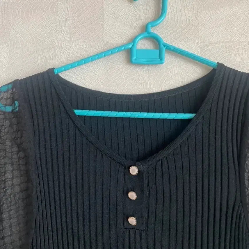 [BUNJANG] Black See-Through Puff Short Sleeve Knit T-Shirt S / 블랙 시스루 퍼프 니트 반팔티 S