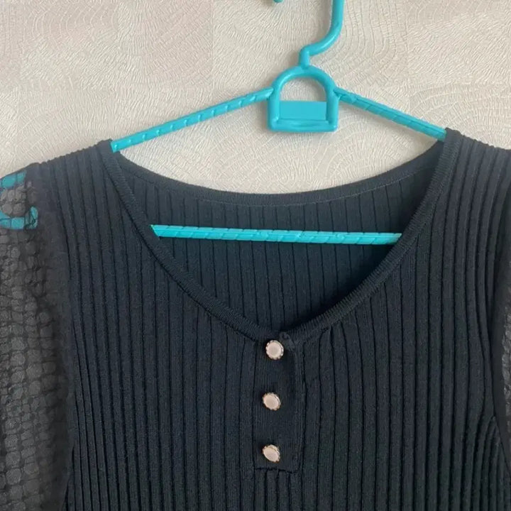 [BUNJANG] Black See-Through Puff Short Sleeve Knit T-Shirt S / 블랙 시스루 퍼프 니트 반팔티 S