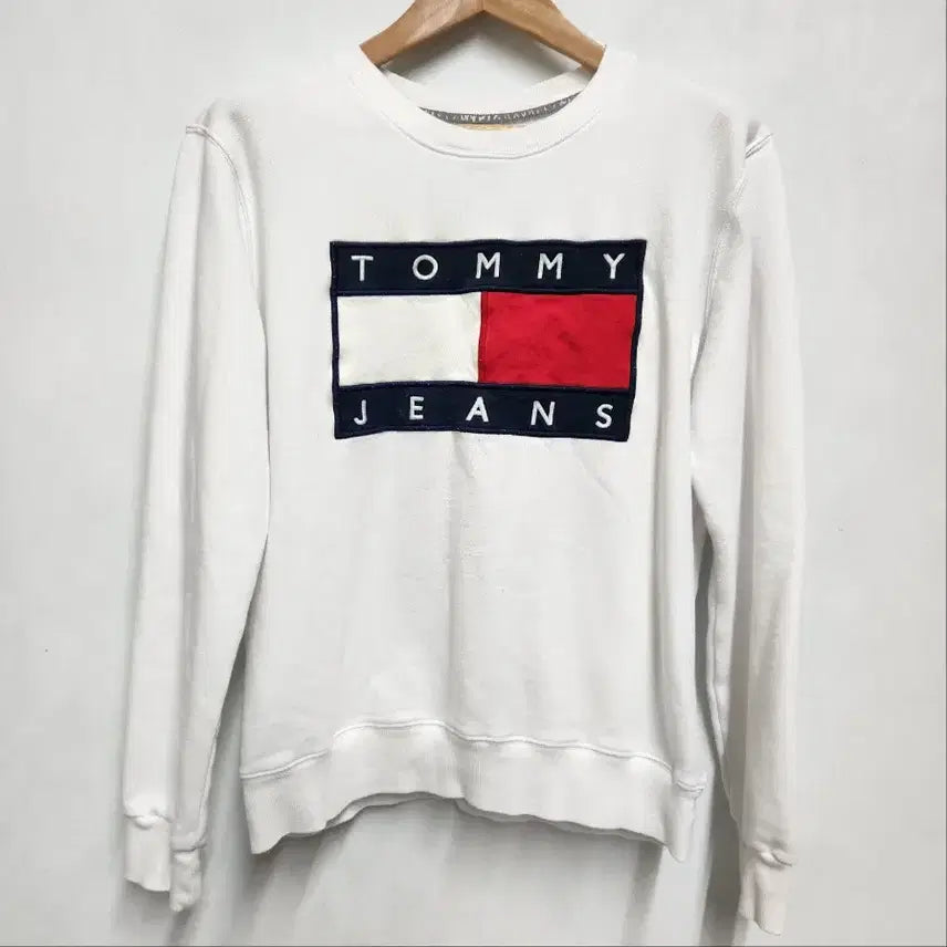 [BUNJANG] Tommy Hilfiger Flag Embroidery Fleece Sweatshirt / [정품] 타미진스 플래그 자수 기모 맨투맨 화이트 L