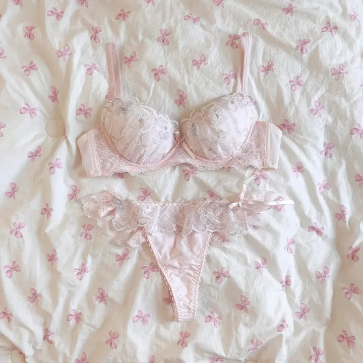 [BUNJANG] Pink Lace Ribbon Bra and Panty Set (Size 70B) / 일본 브라 티팬티 set 핑크 레이스 리본 속옷 70b 언더웨어