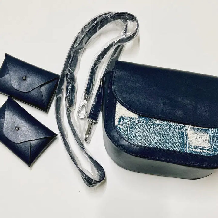 [BUNJANG] Italian Leather &amp; Canvas Crossbody Bag with Card Wallet Set / (무료배송) 이태리산 소가죽 캔버스 레더 크로스백 카드지갑 3종 세트