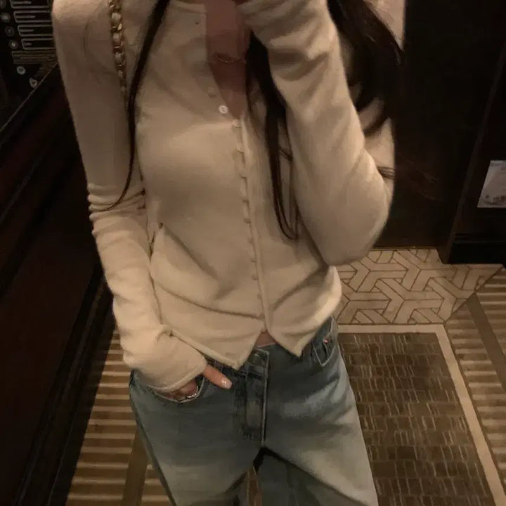 [BUNJANG] Obzest Bell Button Cardigan Ivory / 오브제스트 벨 버튼 가디건 아이보리