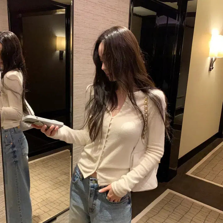 [BUNJANG] Obzest Bell Button Cardigan Ivory / 오브제스트 벨 버튼 가디건 아이보리